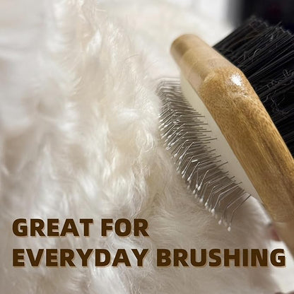 Double Sided Dog Grooming Brush for Long or Short Haired Pets Dog Slicker Brush with Bamboo Handle for Removing Shedding Tangles