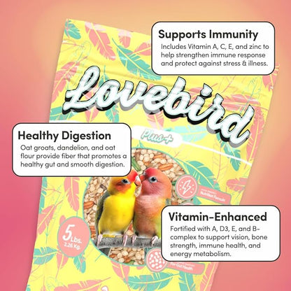 Mycelium Lovebird Plus Bird Food (5 LB Bag) | Organic, Non-GMO Bird Seed for Lovebirds & Small Parrots | Filler-Free & Nutrient-Rich | High Energy, Immune Support, Vitamin-Enriched | USA Made