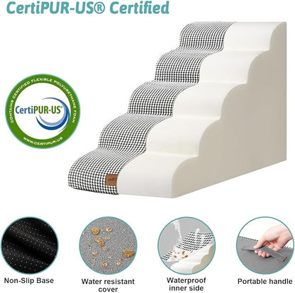 Dog Stairs for High Bed 22.6" H, Small Pet Steps with Leakproof Cover, High Density Foam Cat Ramp for Bed, Car or Couch, Lightweight, Durable, Comfort, 15.7x33x22.6 in, 5 Tiers, White Black