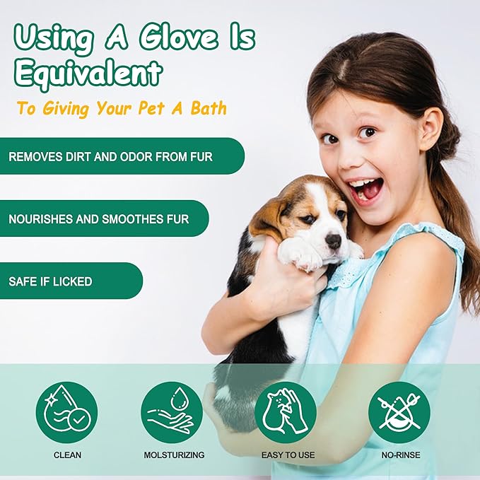 Pet Cleaning and Deodorizing Bathing Grooming Glove Wipes for Dogs and Cats, Extra Thick Nourish Fur No-Rinse Grooming Wipes for Daily Care and Travel, Hypoallergenic, 30 pcs