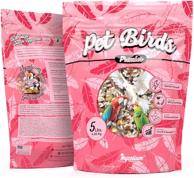 Mycelium Organic Pet Bird Premier Bird Seed (5 LBS) | Premium Food for Parrots, Cockatoos, & Large Birds | High-Protein, Vitamin-Fortified, Growth & Development Support | USA Made, Non-GMO