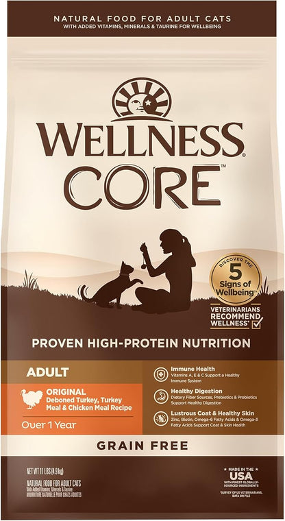 Wellness CORE Adult Dry Cat Food for Indoor & Outdoor Cats, Grain-Free, Natural, Original Turkey, Turkey Meal & Chicken (11 Pound Bag)