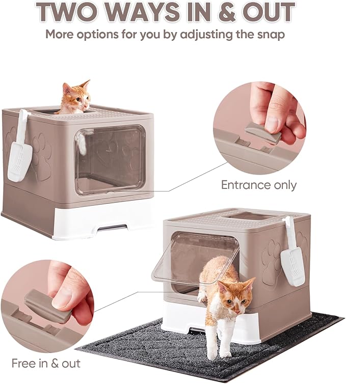 Cat Litter Box with X-Large Litter Mat and Scoop, Large Foldable Litter Box with Lid, Enclosed Kitty Box,Front Top Entry Exit, Odor Control Easy to Clean (Upgrade Coffee)