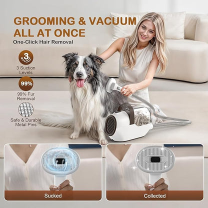 Dog Grooming Vacuum, Dog Grooming Kit with Pet Clipper Nail Grinder, 3 Suction Modes Dog Brush Vacuum with 6 Pet Grooming Tools (Brown)