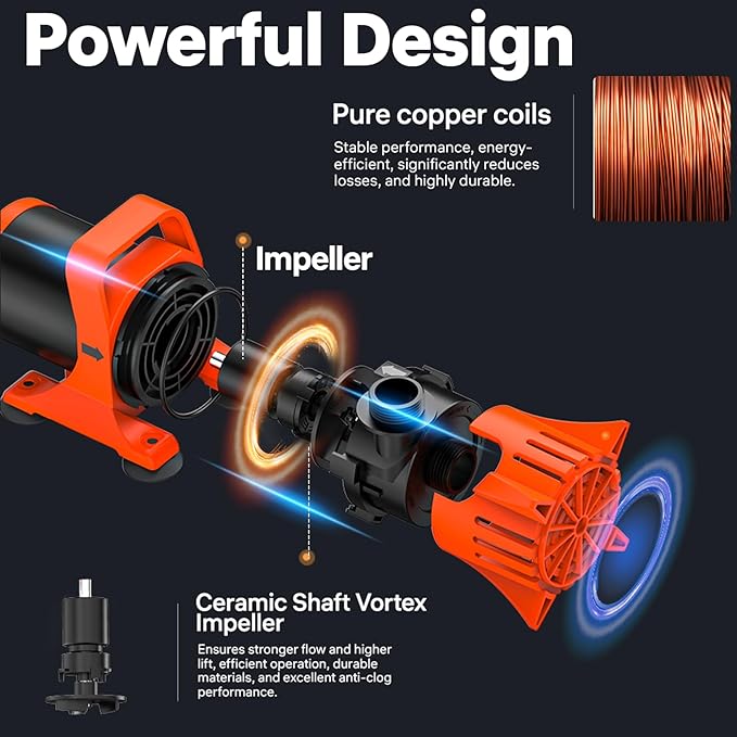 DOKO 3100GPH Submersible Water Pump, 180° Ajustable Pond Pump with 20FT Power Cord 150W Ultra Quiet Aquarium Pump for Pond, Fountain, Waterfall, Fish Tank, Hydroponic, Statuary, Orange Black