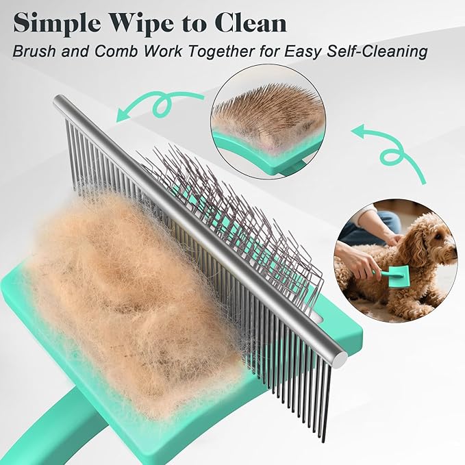 2PCS Slicker Brush for Dogs & Pet Comb,Professional Dog Grooming Brush (Goldendoodles,Poodles,Labradoodles) with Extra Long Pins to Effectively Remove Tangles, Knots and Mats (Cyan Large)