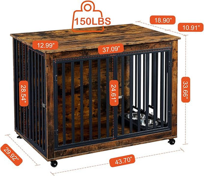 Furniture Dog Crate with Pull-Out Bowls, Wood Dog Kennel End Table with Wheels & Flip-Top, Indoor Pet House for Small to Medium Dogs/Cats, Simple Assembly Brown 43.7" W x 30" D x 33.7" H