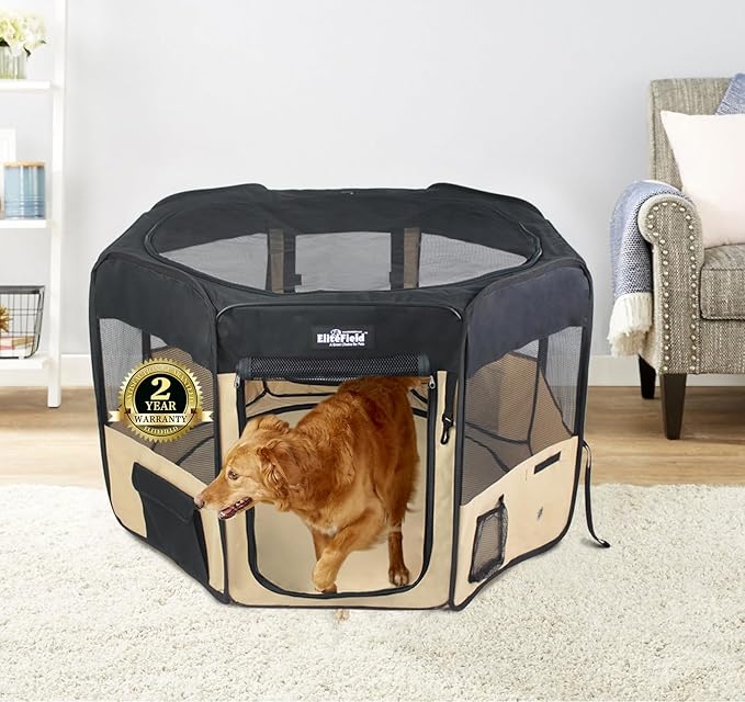 EliteField 2-Door Soft Pet Playpen (2 Year Warranty), Exercise Pen, Multiple Sizes and Colors Available for Dogs, Cats and Other Pets (62" x 62" x 30"H, Black+Beige)