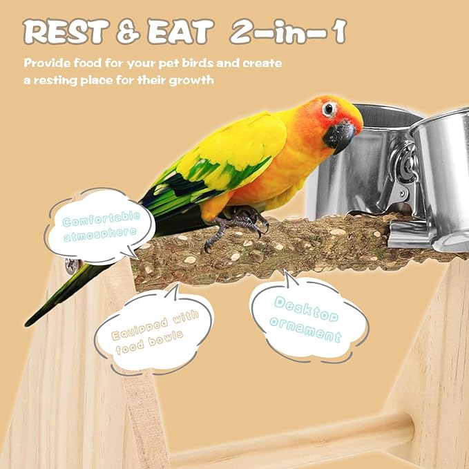 Parrot Play Wood Stand, Bird Perch Stand with Feeder Cups, Bird Grinding Perch Stands for Small Cockatiels, Conures, Parakeets, Finch