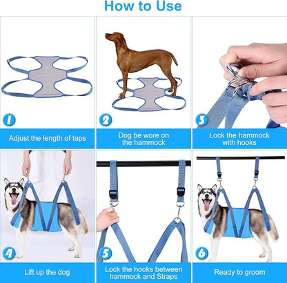 Dog Grooming Hammock, Pet Grooming Harness for Dogs&Cats, Multi Hammock Restraint Bag with Adjustable Grooming Loop/Stainless D-Hooks/Nail Clippers/Trimmer/Nail File for Pet Nail Trimming, Care (M)