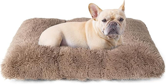 EHEYCIGA Fluffy Dog Crate Bed for Medium Dogs, Plush Faux Fur Dog Crate Pad, Calming Anti Anxiety Medium Dog Bed for Crate, Washable Soft Warm Dog Crate Mat with Non-Slip Bottom, Camel