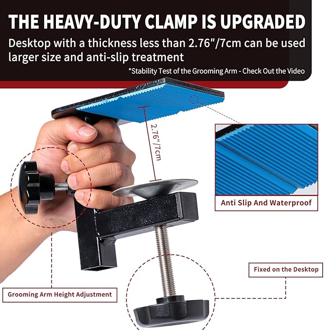 Dog Grooming Table Arm with Hammock - Adjustable Height, Pet Grooming Hammock, No Sit Haunch Holders, Loop Noose Heavy-Duty Clamp (Stainless Steel)