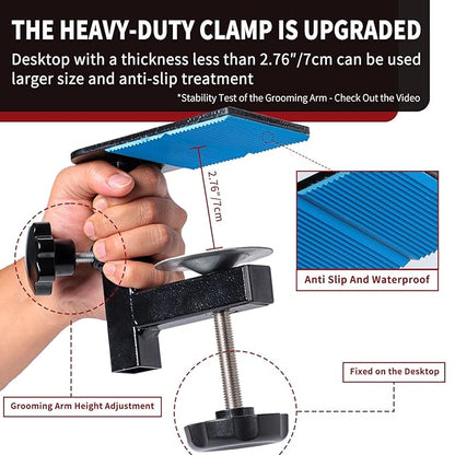 Dog Grooming Table Arm with Hammock - Adjustable Height, Pet Grooming Hammock, No Sit Haunch Holders, Loop Noose Heavy-Duty Clamp (Stainless Steel)