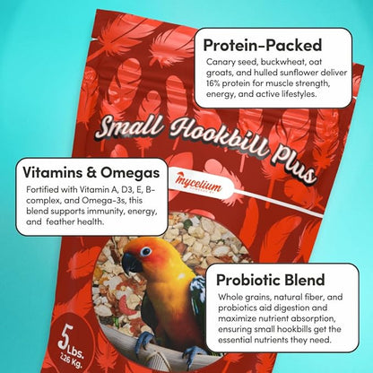 Mycelium Premium Small Hookbill Plus | High-Protein Bird Food for Lovebirds, Parrotlets, & Small Parrots | Organic Seed & Grain Mix with Eggs, Safflower, Millet, Pumpkin, & Oat Groats | 5 lb Bag
