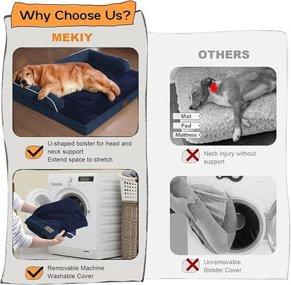 Orthopedic Large Dog Bed Washable: Orthopedic Dog beds for Large XXXLarge Size Dogs, Waterproof Washable Cover with Egg Foam Removable Bolster, Navy Blue Pet Beds for Large Dogs