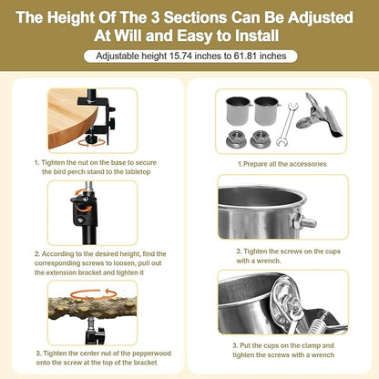 18-27 Inch Height Adjustable Bird Perch Pepper Wood Desktop Bird Training Perch Stand with Feeding Cups and Swing Toy Parakeet Perches Indoor and Outdoor Parrot Stand for Small to Medium Birds