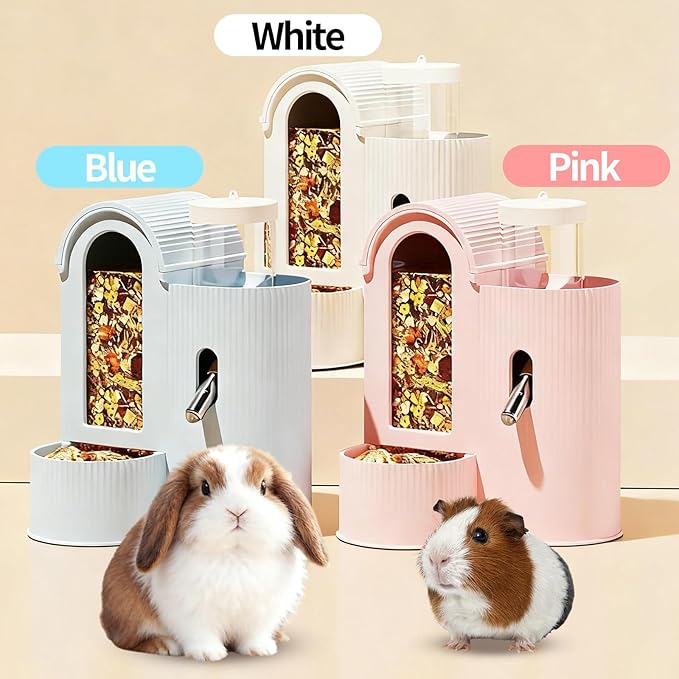 2 in 1 Rabbit Food Water Dispenser, Guinea Pig Water Bottle, Large Capacity Bunny Feeder for Cages, Automatic Bunny Feeder, for Rabbit Ferrets Guinea Pigs Small Animals (Pink, 2 in 1)