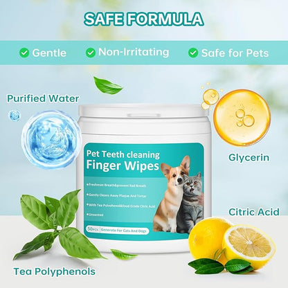 PITHER Dog Teeth Cleaning Wipes, 50pcs Pet Dental Finger Wipes Fresh Breath for Dogs and Cats Safe and Natural Wipe Away Plaque and Tartar Mildness in Nature Dog Brushing Set