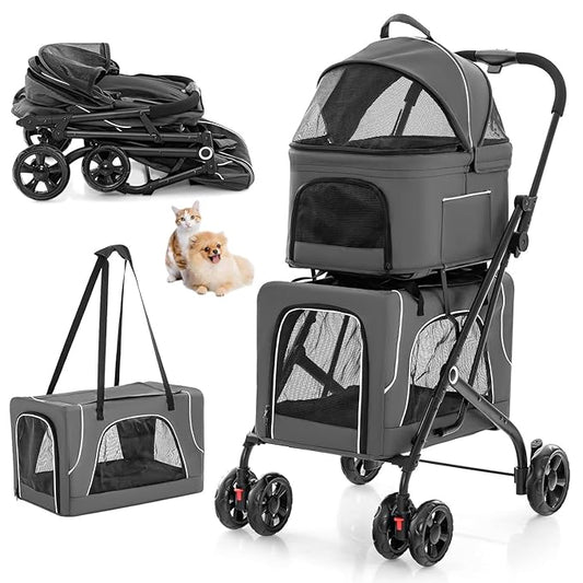 Double Dog Stroller, Foldable 3-in-1 Cat Stroller with 2 Detachable Carriers, Safety Belt, Washable Cover, Removable Pads, 4 Wheels Travel Pet Stroller for Small Medium Dogs (Grey)