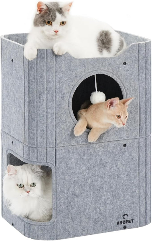 Cat House for Indoor Cats Large Cat Bed Cave 2-Storey Cats Condo with Cozy Felt Covered Hideaway for Multiple Pets Grey