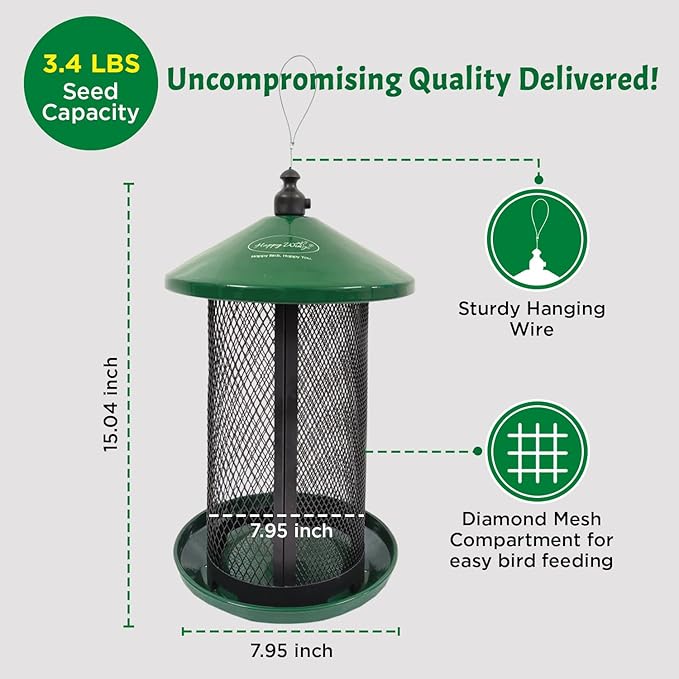 Happy Wings Portable Dual Mesh Metal Hanging Finch Bird Feeder - Durable & Heavy- Duty with 360° Perch & 2 Separate Seed Compartments - Holding Capacity: Upto 3.4 lbs (1.5 Kg) - (Natural Green)