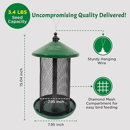 Happy Wings Portable Dual Mesh Metal Hanging Finch Bird Feeder - Durable & Heavy- Duty with 360° Perch & 2 Separate Seed Compartments - Holding Capacity: Upto 3.4 lbs (1.5 Kg) - (Natural Green)