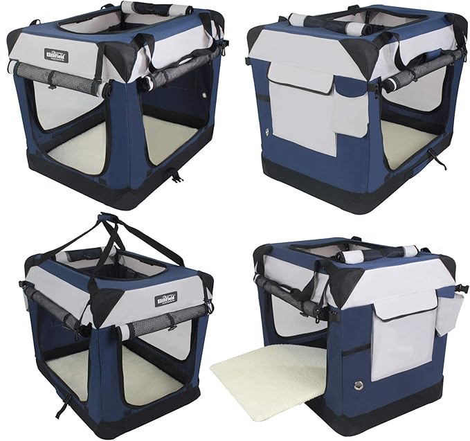 EliteField 4-Door Folding Soft Dog Crate with Curtains, Carrying Bag and Fleece Bed (2 Year Warranty), Indoor & Outdoor Pet Home (20" L x 14" W x 14" H, Navy Blue+Gray)
