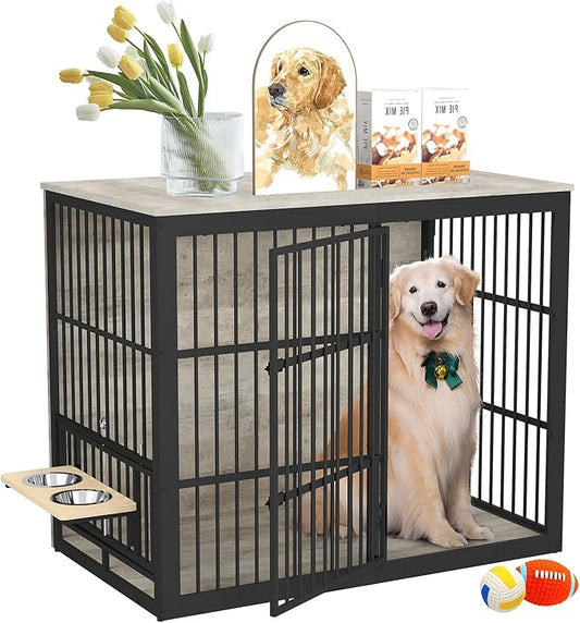 Dog Crate Furniture, 48 Inch Dog Kennel Furniture, Wooden _og Crate Furniture Large Breed with Rotating _og Bowls, Heavy Duty _og Cage Furniture Indoor,Decorative Dogs Crates End Table,Gray