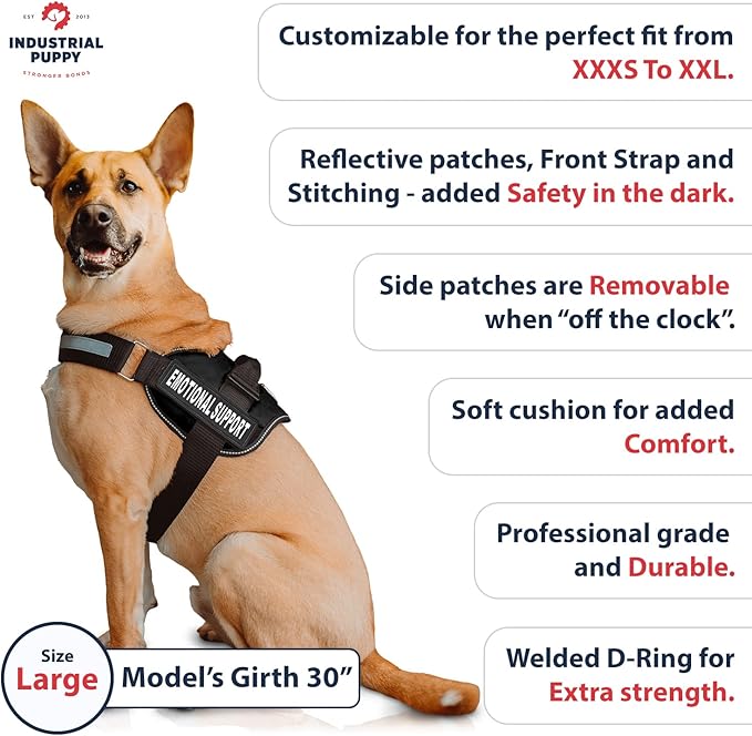 Emotional Support Dog Vest Harness with Reflective Straps, Interchangeable Patches, & Top Handle - ESA Dog Vest in 8 Sizes - Heavy Duty Emotional Support Dog Harness for Working Dogs (Black, Large)