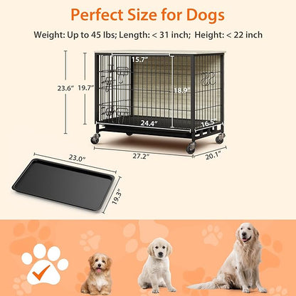 Dog Crate Furniture, 2024 Deluxe Wooden Dog Kennel with Removable Tray and Wheels, Heavy-Duty Double-Doors 27.2" Dog Cage End Table, Indoor Dog House for Large Dogs (Grey & Black, Small)