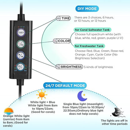 hygger Clip On 24/7 Saltwater Aquarium LED Light, 22W Sunrise-Daylight-Moonlight Mode and DIY Mode, Adjustable Timer Adjustable Brightness Fish Tank Light with 7 Colors for Coral Marine Tank