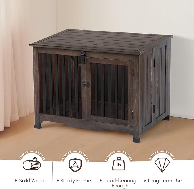 Wooden Dog Crate Furniture,Foldable and Portable Dog Kennel Furniture Indoor,Decorative Dog Crate End Table No Assembly.(Large,Rustic Brown)