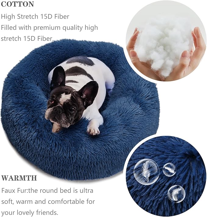 Puppy Bed for Calming Dog 23 Inches Navy Blue Anti-Anxiety Donut Dog Bed for Small Medium Dogs Washable Fuzzy Dog Bed Fits up to 15 lbs Pets Beds for Small Dog