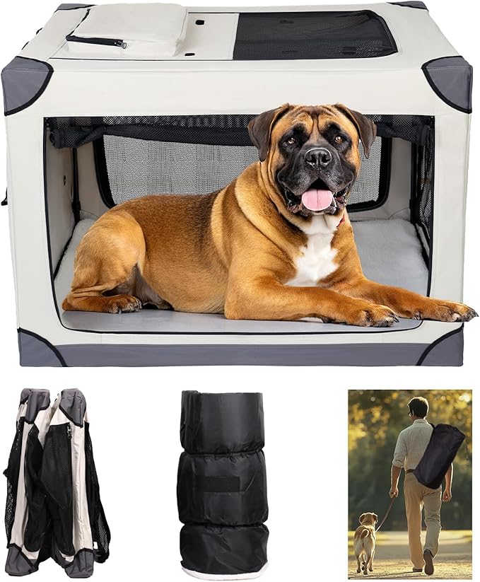 42 Inch Foldable Dog Crate - Portable Puppy Travel Crate Kennel for Large Dog, 4-Door Pet Crate with Mesh Windows, Indoor & Outdoor