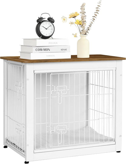 DWANTON Dog Crate Furniture with Cushion, Wooden Dog Crate with Double Doors, Dog Furniture, Dog Kennel Indoor for Small Dogï¼_nd Table, 27.2" L, White+Warm Brown
