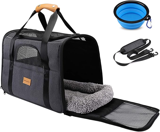 Morpilot Pet Carrier Bag, Portable Cat Carrier Bag Top Opening, Removable Mat and Breathable Mesh, Foldable Cat Carrier Transport Bag for Dogs and Cats, with Shoulder Strap and Pet Bowl Gray