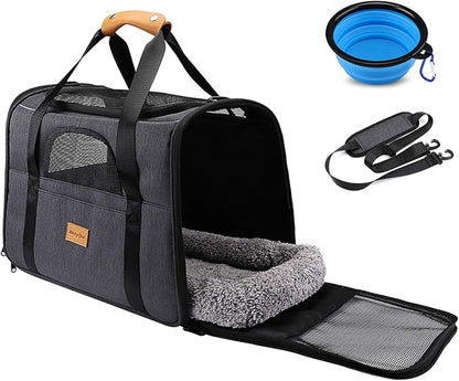 Morpilot Pet Carrier Bag, Portable Cat Carrier Bag Top Opening, Removable Mat and Breathable Mesh, Foldable Cat Carrier Transport Bag for Dogs and Cats, with Shoulder Strap and Pet Bowl Gray