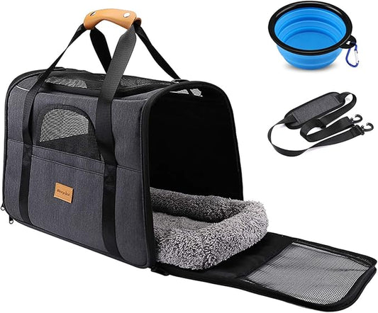 Morpilot Pet Carrier Bag, Portable Cat Carrier Bag Top Opening, Removable Mat and Breathable Mesh, Foldable Cat Carrier Transport Bag for Dogs and Cats, with Shoulder Strap and Pet Bowl Gray
