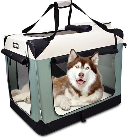 JESPET Soft Dog Crates Kennel for Pets, 3 Door Soft Sided Folding Travel Pet Carrier with Straps and Fleece Mat for Dogs, Cats, Indoor & Outdoor Use (5-Shale Green, X-Large(36" L x 24" W x 27" H))