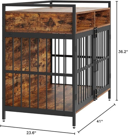 VEVOR Furniture Style Dog Crate with Storage, 41 inch Dog Crate Furniture Large Breed with Double Doors, Wooden Dog Cage for Large/Medium Dog Indoor, Hold up to 70 lbs, Rustic Brown