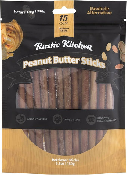 Rustic Kitchen Collagen Sticks for Dogs, Real Peanut Butter Sticks 15ct - Rawhide Free Long Lasting Dog Treats