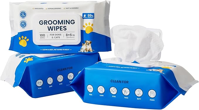 Unscented Pet Grooming Wipes for Dogs & Cats - 300 Count Dog Wipes for Cleaning Paws, Body, and Butt, Thick, Soft & Hypoallergenic