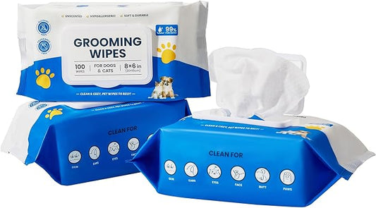 Unscented Pet Grooming Wipes for Dogs & Cats - 300 Count Dog Wipes for Cleaning Paws, Body, and Butt, Thick, Soft & Hypoallergenic