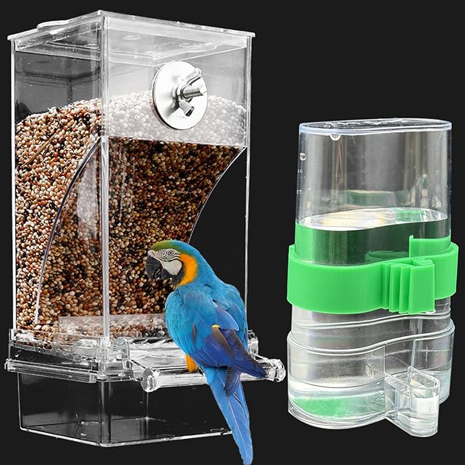 No Mess Bird Feeder Water Dispenser Set, Automatic Transparent Parrot Feeder Acrylic Parrot Food Container Drinker Cage Accessories for Small Birds Parakeet Canary Finch Cockatiel Lovebirds