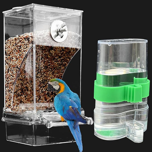 No Mess Bird Feeder Water Dispenser Set, Automatic Transparent Parrot Feeder Acrylic Parrot Food Container Drinker Cage Accessories for Small Birds Parakeet Canary Finch Cockatiel Lovebirds