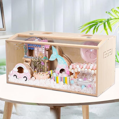 31.5 inch Wooden Hamster Cage, Large Habitat, Openable Top, Transparent Acrylic for Interior View, Ventilated, Easy to Clean, for Syrian Hamster, Dwarf Hamster, Gerbil, Other Small Pet Animals