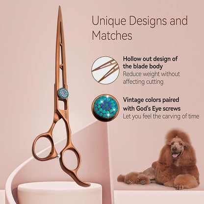 7.0'' Straight Dog Grooming Scissors Professioanl Pet Grooming Shears for Small Dog Cat High Cobalt Alloy Steel Hollow Out Design(7, Chocolate Striaght)