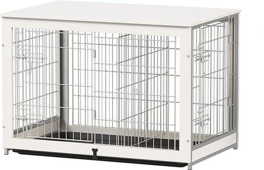 Piskyet Wooden Dog Crate Furniture with Divider Panel, Dog Crate End Table with Fixable Slide Tray, Double Doors Dog Kennel Indoor for Dogs(L:37.8" L*25.1" W*26.3" H,White)