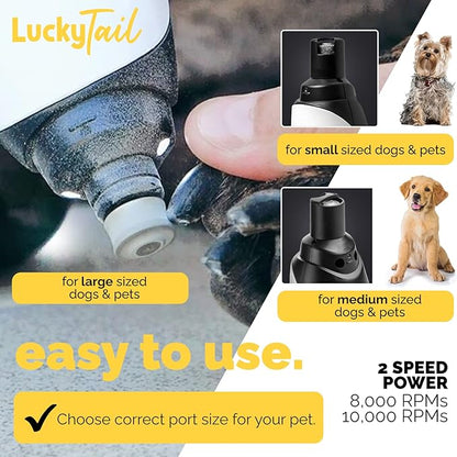 LuckyTail Pet Nail Grinder for Dogs and Cats - Super Quiet and Low Vibration Electric Dog Nail Grinder with 2 LED Lights - USB Rechargeable and Cordless - 2 Speeds - Small to Large Pets