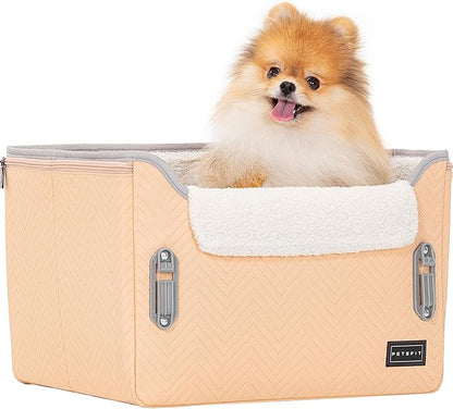PETSFIT Cat Car Seat, Waterproof PU Leather Dog Booster Car Seat with Patented Safe Buckles, Clip-On Leash, Pet Travel Carrier Bed for Small Pets Up to 25lbs (Orange)